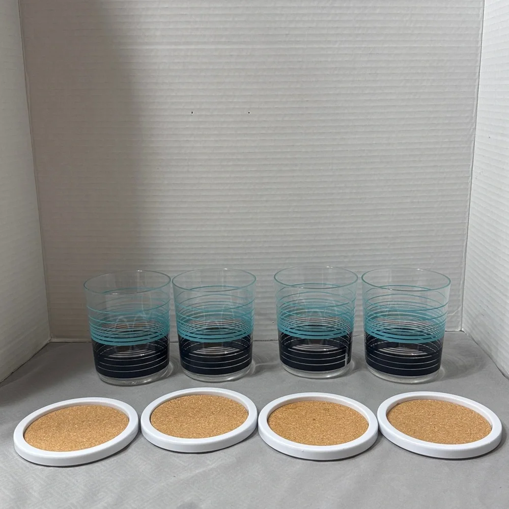 Vintage Ice Bucket 4 Glasses 4 Coasters Tongs Set in Aqua, Navy & White Stripes